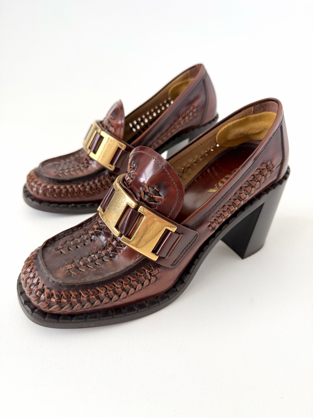 PRADA | Spring 2020 Runway Woven Leather
Block Heel Loafers Brown Gold Logo 40 - Picture 1 of 14